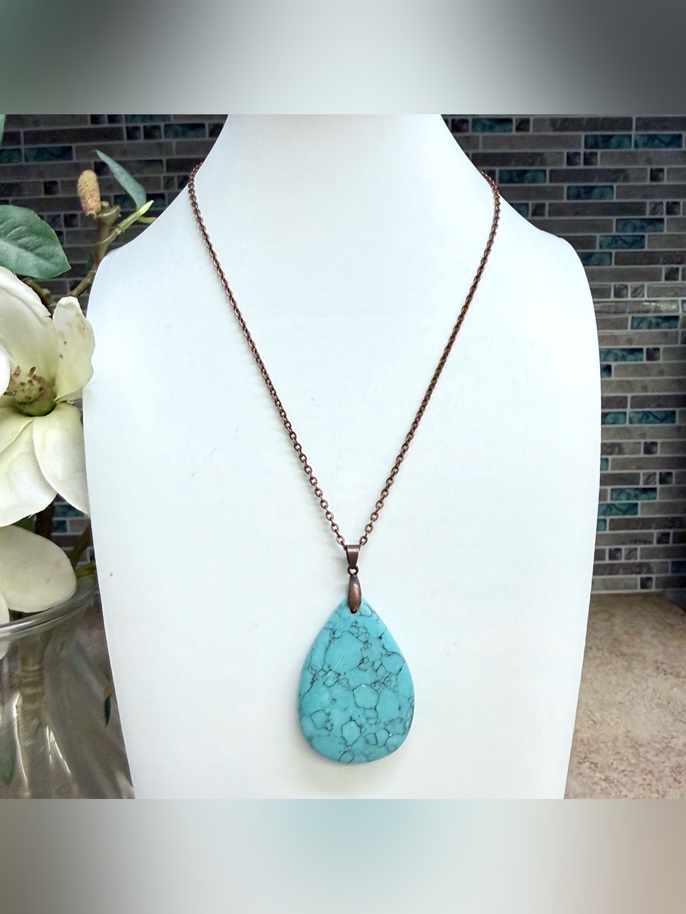 Boho Turquoise Teardrop Pendant Necklace Copper Tone Chain Southwestern